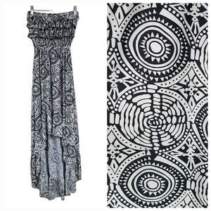 Black White High Low Strapless Ruffled Midi Dress Jersey Knit Medallion Print S